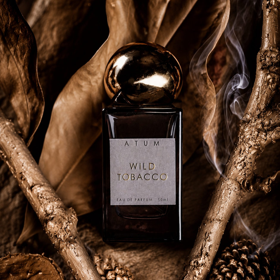 A dark glass perfume bottle labeled 'ATUM WILD TOBACCO' with a metallic gold cap, styled among dried brown leaves, branches, and pinecones with visible smoke.