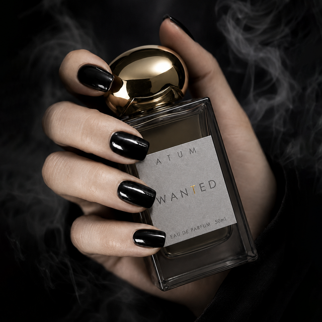 A hand with glossy black fingernails holds a rectangular glass perfume bottle with a shiny gold cap. The bottle has a frosted light gray label reading 'ATUM WANTED' and 'EAU DE PARFUM 10ML'.
