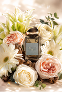 A rectangular glass perfume bottle labeled 'ETUM FOREVER FLOWERS' sits centered among white and blush roses, daisies, and green leaves on a softly lit beige background.