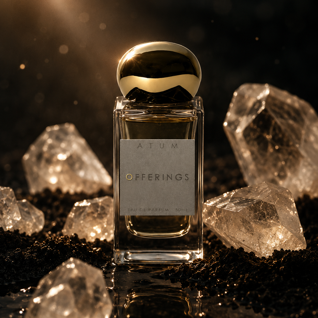 A clear rectangular perfume bottle with a reflective gold cap stands centered on a dark surface, surrounded by translucent crystal-like stones. The bottle label reads 'ATUM OFFERINGS'.
