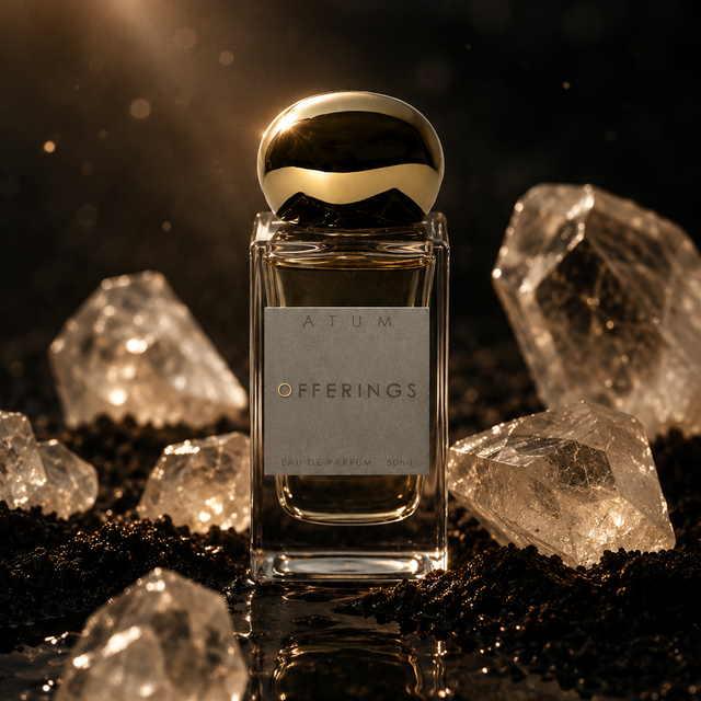 A clear rectangular perfume bottle with a reflective gold cap stands centered on a dark surface, surrounded by translucent crystal-like stones. The bottle label reads 'ATUM OFFERINGS'.